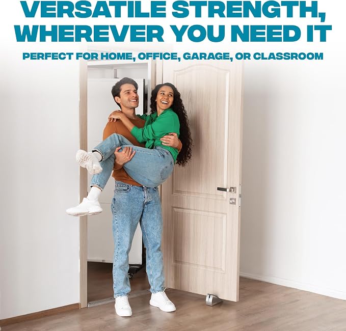 STRONGEST HOME Stoppers for Bottom of Door – Heavy Duty Metal Rubber Door Stopper, Non-Slip Door Stop for Heavy Doors, Works on Wood, Tile & Carpet Floors, Folding Chrome 1 PC + White Wall Protectors