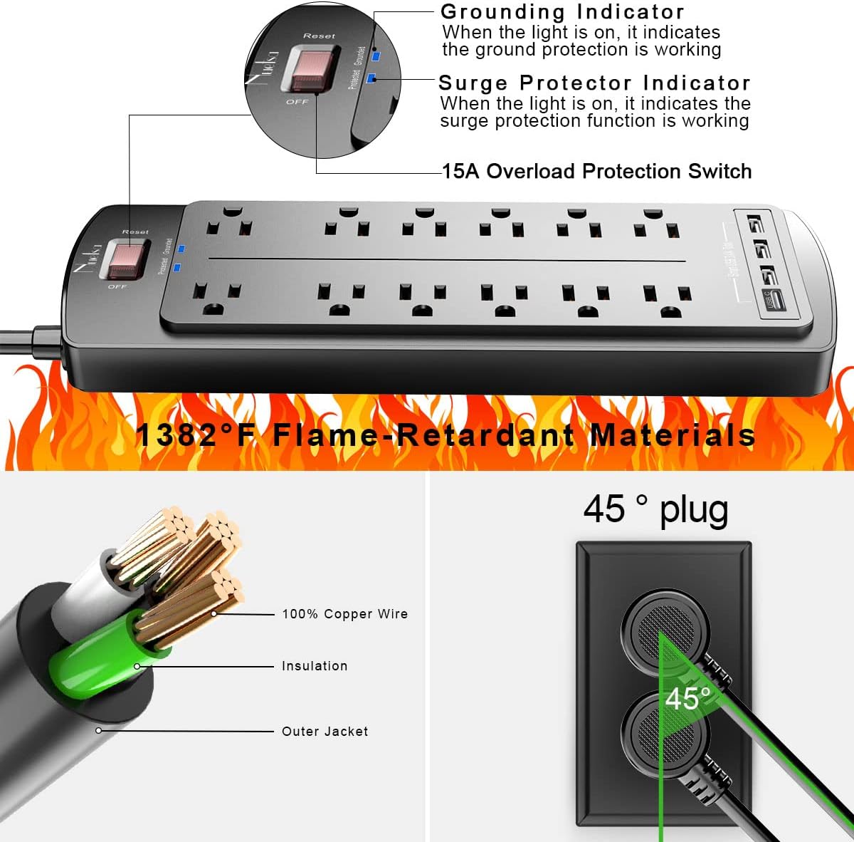 Power Strip, Nuetsa Surge Protector with 12 Outlets and 4 USB Ports, 6 Feet Flat Plug Extension Cord (1875W/15A) for for Home, Office, Dorm Essentials, 2700 Joules, ETL Listed (Black)