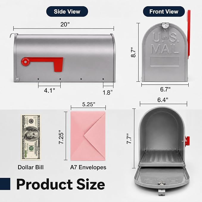 Mailbox for Outside,Metal Post Mount Outdoor MailBoxes - with Tools,Screws,Number Stickers,Red Flag Indicated,Medium Capacity,Galvanized Steel,Waterproof Mail Box for House Outside,20 x 8.7 x 6.7 ”