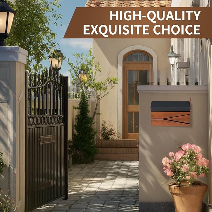 Ydocabinit Wall Mount Mailbox, Large Capacity Mailbox for House, Flag Kit, Galvanized Steel Rust-Proof Metal Post Drop Box, Mailboxes for Outside, 15.74"×9.84"×4.33", Wooden Patterned Metal Sheet
