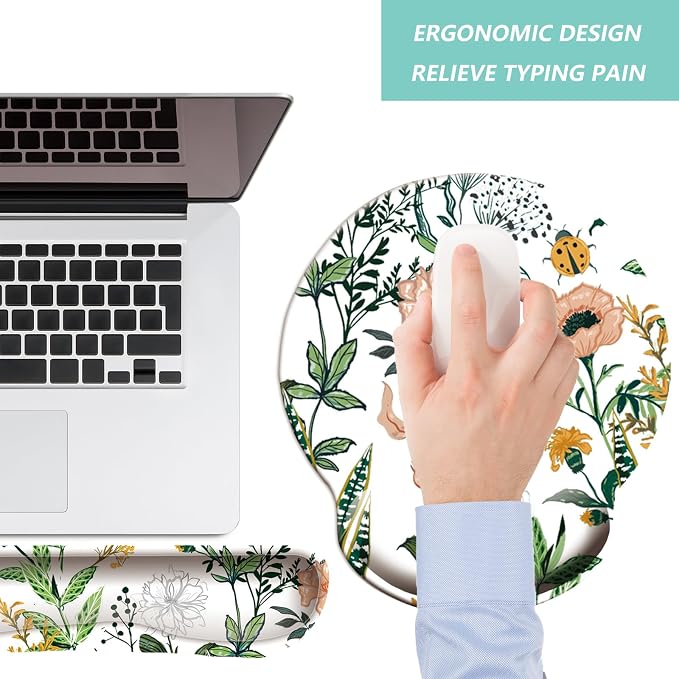 Keyboard Wrist Rest Pad Mouse Pad with Wrist Support Set of 3, Mousepad with Non-Slip Rubber Base, Ergonomic Memory Foam Mouse Wrist Cushion Support for Home Office Laptop Computer, Flower White