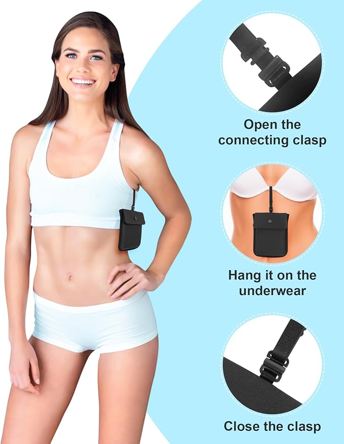 RFID-Blocking Travel Bra Wallet, Hidden Money Pouch with Elastic Strap | Ideal Secret Pocket to Protect Your Passport, Credit Cards, Cash and Valuables Under-Clothes, Black, Bamneat