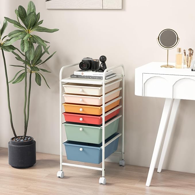 COSTWAY 6-Drawer Rolling Storage Cart, Art Craft Tools Organizer on Wheels | Multifunctional Heavy Duty Utility Mobile Storage Trolley w/ 2 Lockable Wheels for Home Office School (Macaron)