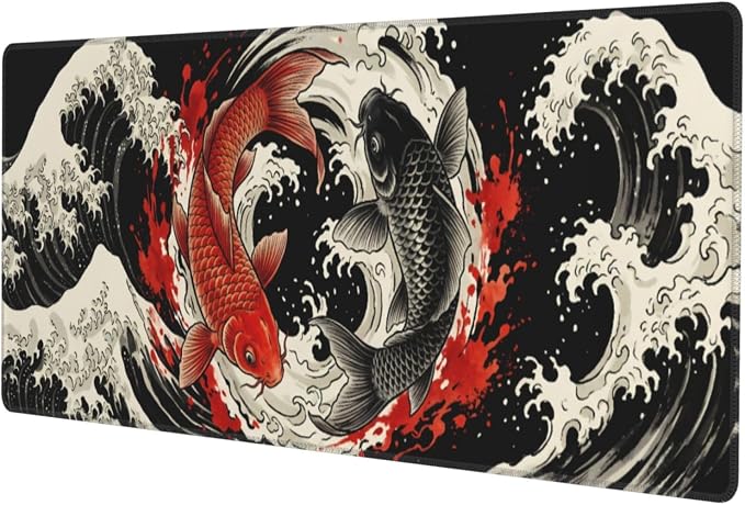 Japanese Koi Fish Wave Gaming Mouse Pad Large Extended Desk Mat Non-Slip Rubber Base Keyboard Pad with Stitched Edges for Office Gaming 31.5x11.8 in
