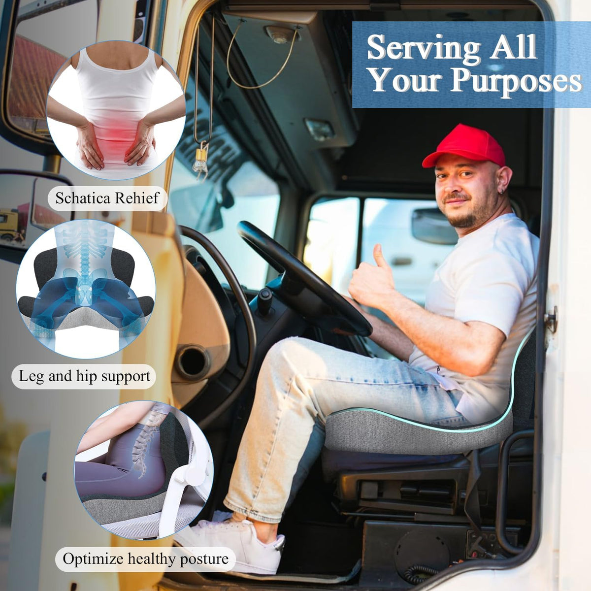Seat Cushion for Truck Driver, Memory Foam Truck Seat Cushion with Adjustable Strap – Ergonomic Back Support & Sciatica Relief for Long Drives, Semi Truck Accessories
