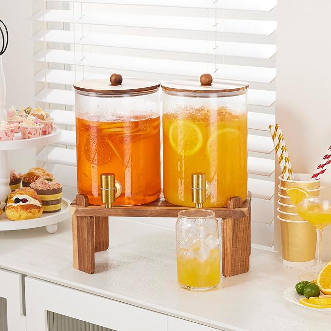FavorFlavor Glass Drink Dispenser for Party: 2p 1 Gallon Dispenser w/Stand | 4L large capacity-Stainless Steel Spigot-Beverage Container for Lemonade/Juice/Sun Tea-Ideal for Home Gatherings&Party Drink