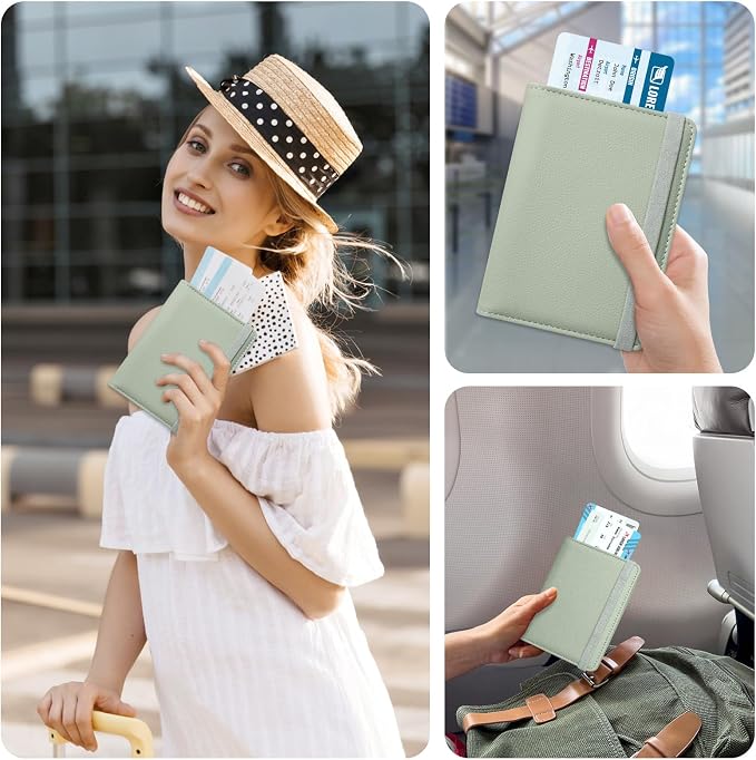 ACdream RFID BLOCKING Passport Holder Travel Wallet, Premium PU Leather Cover Passport Book with Card Holder, Pen Holder, Keep Organization, and Travel Essentials for Women and Men, Agave Green