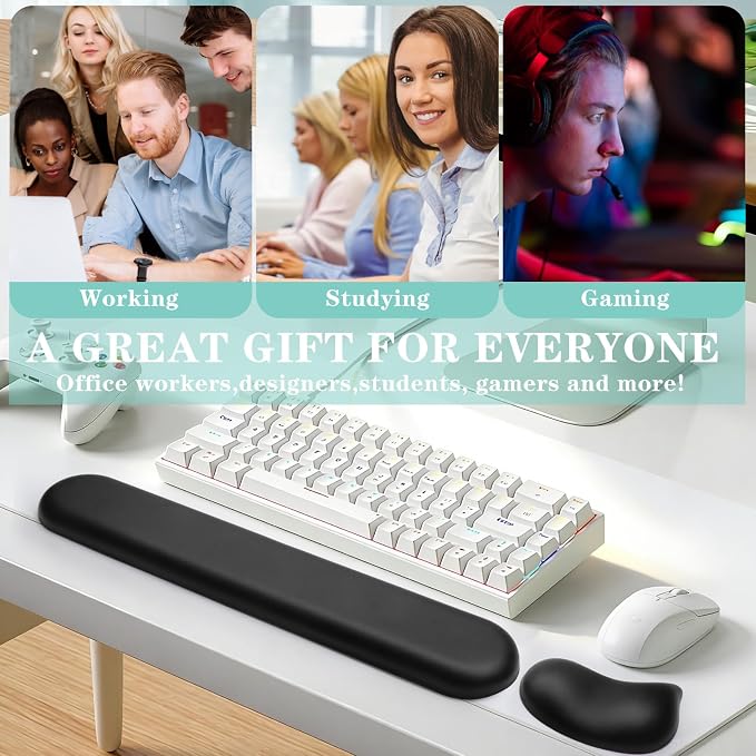 Ergonomic Wrist Rest for Computer Keyboard and Mouse Set with Wrist Support | Leather Memory Foam Mouse pad Rests for Pain Relief, Non-Slip, Desk Wrist Pad for Office Home (Black)