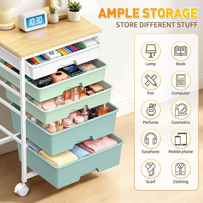 SUNALLY Rolling Carts with 5 Drawers, Storage Drawer Carts for Craft, Green | Rolling Utility Cart with Wooden Tabletop & 2 Lockable Wheels, Teacher Storage Cart for Classroom School, Makeup, Nail, Art