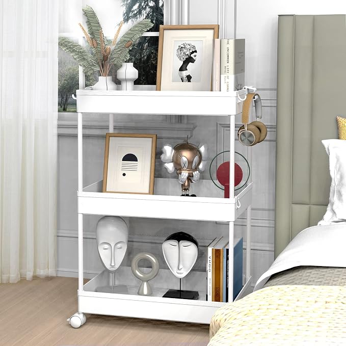 3 Tier Rolling Cart with Wheels, Storage Craft Art Trolley Organizer Serving, 3 Hanging Baskets Easy Assembly, for Office, Bathroom,Living Room, Kitchen, White