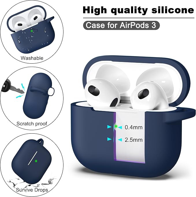 R-fun Compatible with AirPods 3 Case Cover, Silicone Protective Accessories Skin with Keychain Compatible with Apple AirPod 3rd Generation 2021 for Women Men Girls Boys,Front LED Visible,Midnight blue