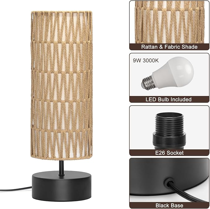 Rattan Table Lamp, Touch Control Bedside Table Lamp with Black Base, 3 Way Dimmable Nightstand Lamp with Dual-layer Shade, Boho Night Light for Bedroom Living Room Home Office, 9W LED Bulb Included