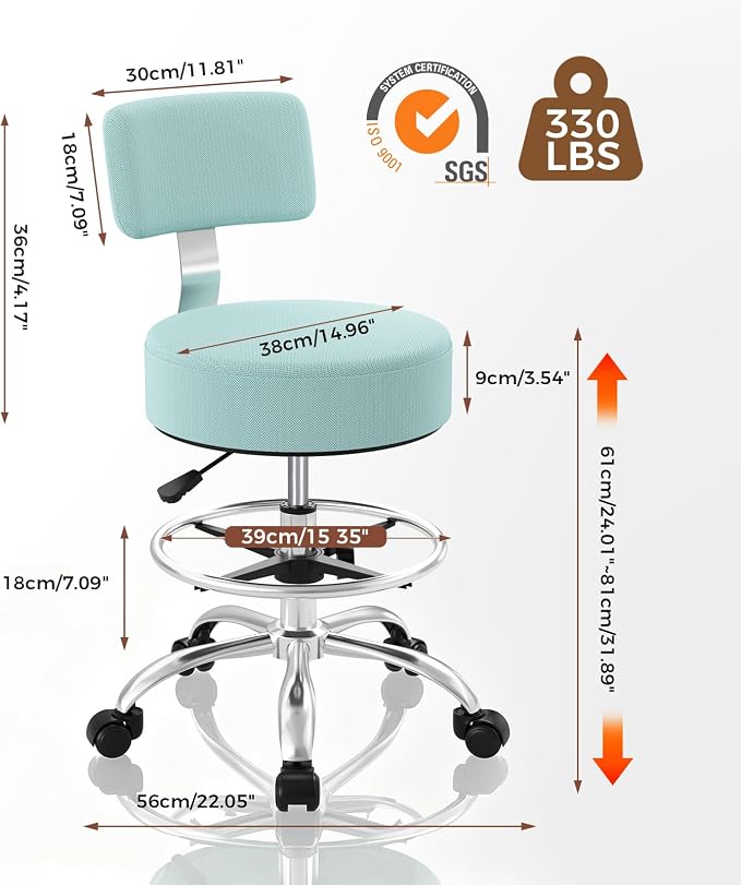 Office Drafting Chair with Footrest, Tall Height Adjustable Stool with Back Support, Heavy Duty Rolling Stool Chair with Wheels for Office Home Kitchen Bar Shop Guitar Studio Vanity, Mint Blue