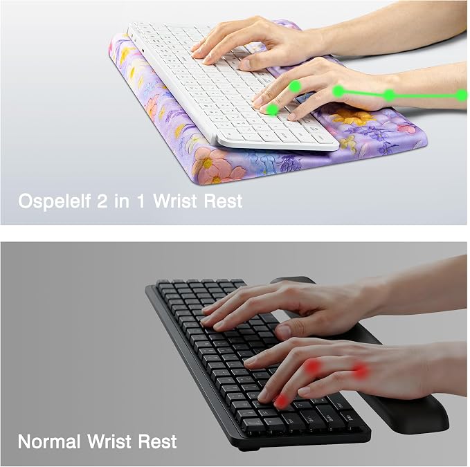 Ospelelf Keyboard Wrist Rest, Ergonomic Memory Foam Wrist Support for Typing & Gaming, Tilted Keyboard Stand Pad, Relief for Wrist Pain, Aesthetic Desk Accessories for Office, Purple Flower
