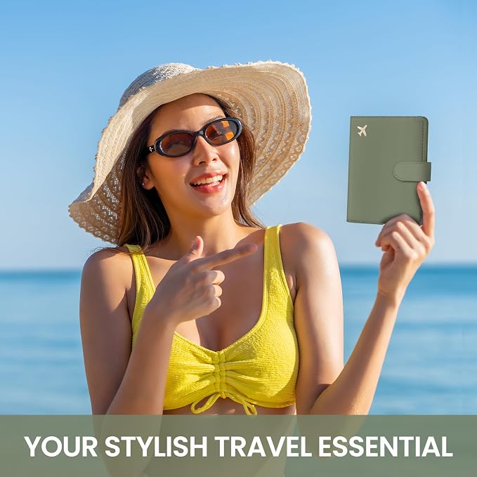 Passport Holder for Travel Essentials, RFID Blocking Leather Cover Wallet with Magnetic Closure, Aesthetic & Cute Passport Book Case for Women and Men - Green