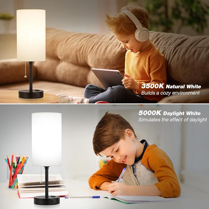 17" Bedside Lamp for Bedroom - USB A+C Port, AC Outlet,3 Color Temperature | 17" Night Stand Lamp, USB A+C Ports, AC Outlet, 3 Color Temperatures, LED Bulb Included, White Fabric Shade, Matte Black Base