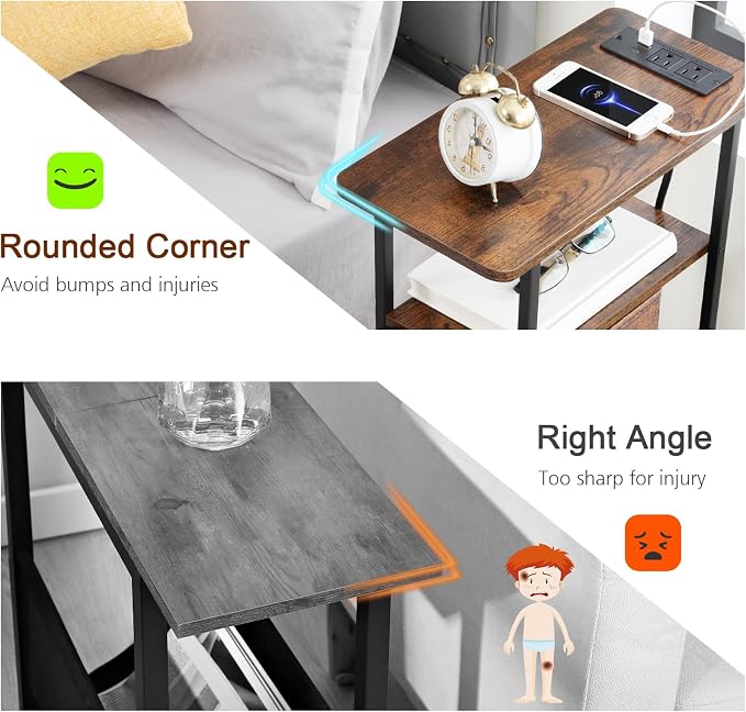 Narrow End Table with Charging Station, Small Nightstand | Skinny Side Tables Living Room with 3 Fabric Drawers, Slim Bedside Table with LED Lights for Bedroom, Small Spaces, Brown