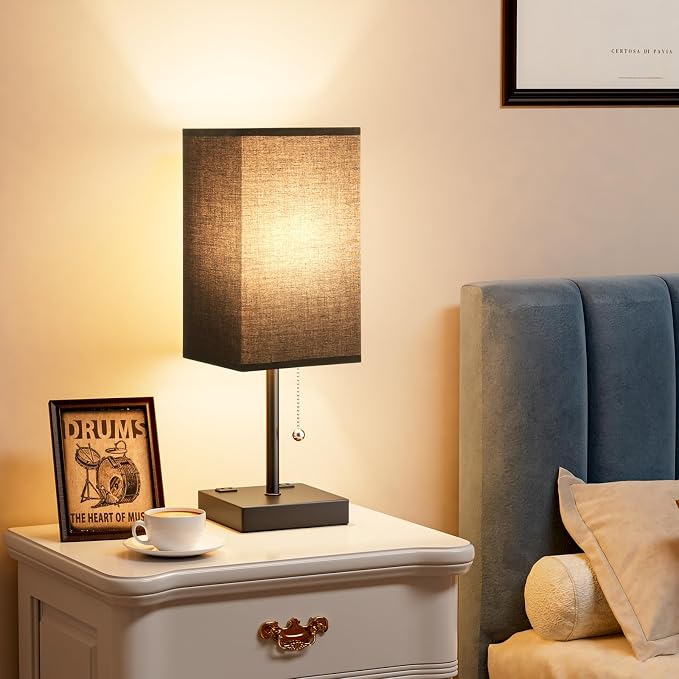 Black Lamp for Bedroom - 3 Color Temperatures, USB A+C, 2 AC Outlets | Pull Chain Switch, LED Bulb Included, Black Fabric Shade, 17.4" Table Lamp for Nightstand, Desk, Living Room, Office