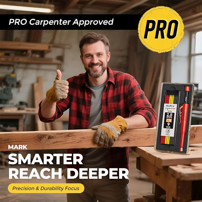 Nicpro Carpenter Pencil with Sharpener & Holster, Construction Pencil -Red | CP3000 Carpenter Mechanical Pencils+19 Refill, Deep Hole Marker for Construction, Heavy Duty Woodworking Tool for Marking