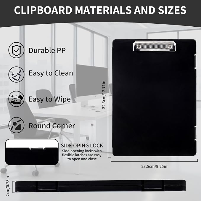 Letter Size Clipboard with Storage 8.5 * 11, Plastic Black Clipboard File Box with Side Opening A4 Nursing Clip Board for School & Office with Christmas Stickers (Black)