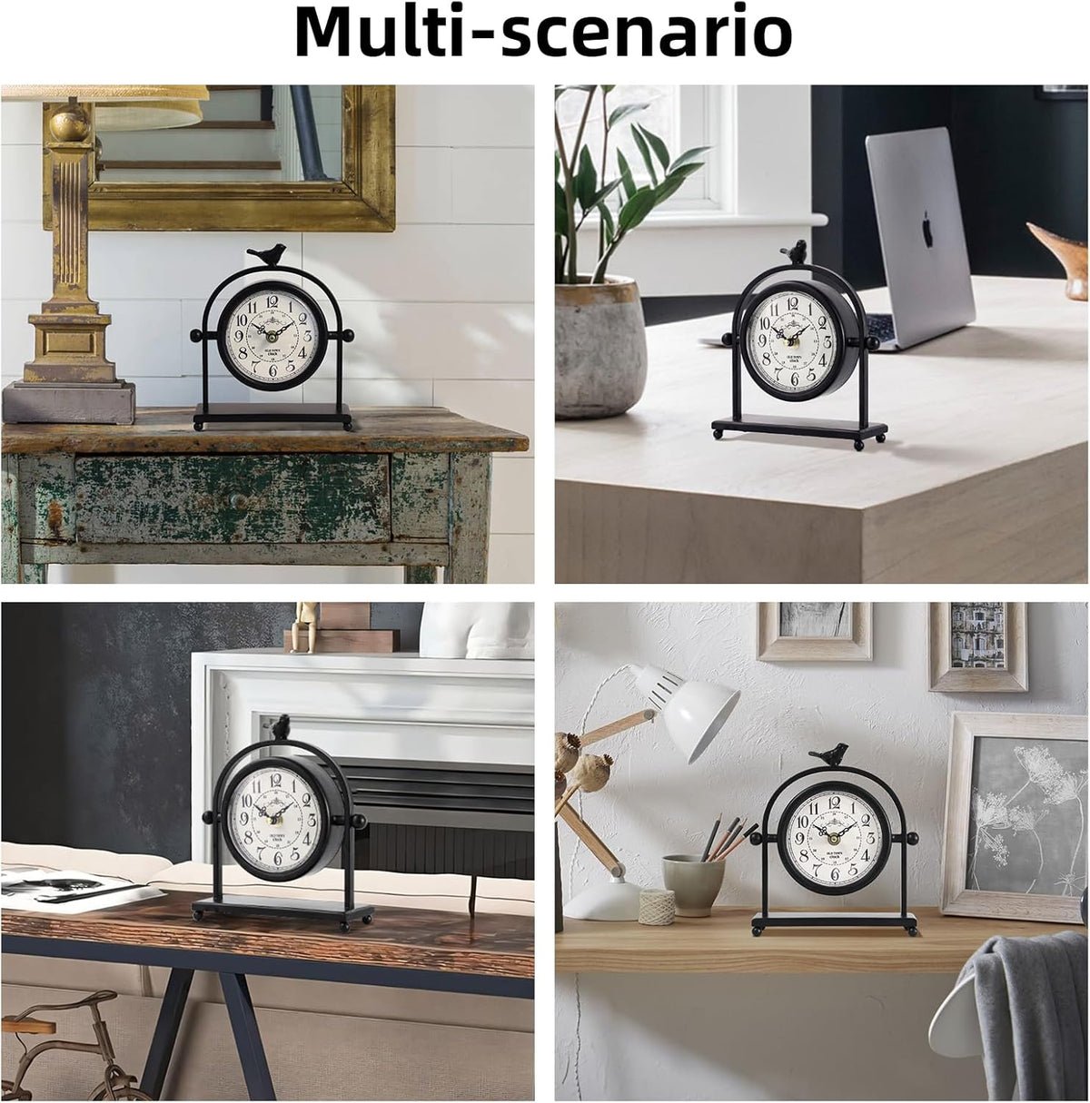 MODE HOME Silent Battery Operated Black Metal Analog Desk Clock with Bird, Small Table Clock for Farmhouse Decor, Mantel Shelf, Home and Living Room