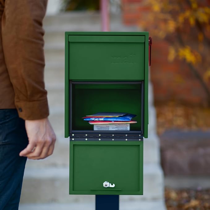 Adoorn Lockable Post Mount Mailboxes for Outside - Large Anti-Theft Locking Mailbox for Packages and Letters - Weatherproof Construction - Durable Steel - 15.5" H x 12" W x 18.5" D - Forest Green
