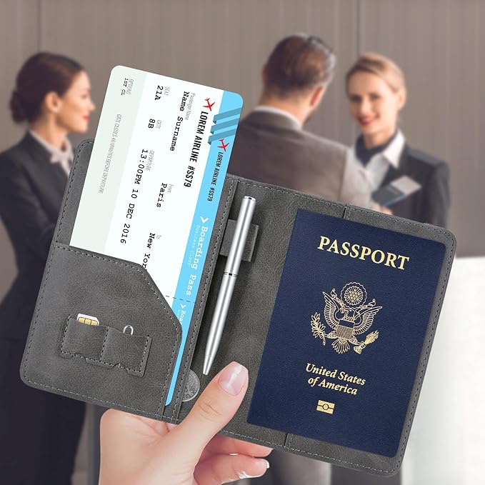 ACdream RFID BLOCKING Passport Holder Travel Wallet, Premium PU Leather Cover Passport Book with Card Holder, Pen Holder, Keep Organization, and Travel Essentials for Women and Men, Grey