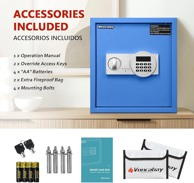 Voncabay Money Safe Box for Home with Digital Keypad, 1.5 Cu. Ft., Blue | Alloy Steel, 2 Fireproof Bags, Digital Keypad with Display, Removable Shelf, Alarm System, 14 x 13 x 13 In.