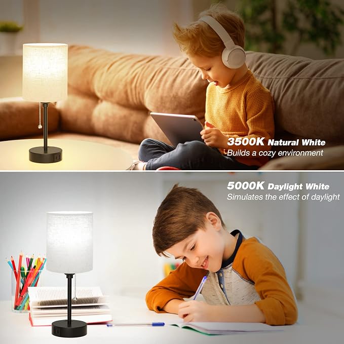 Small Bedside Table Lamp for Bedroom - Desk Lamp with USB Ports for Dorm | USB A+C Ports, AC Outlet, 3 Color Temperatures, LED Bulb Included, 14" Night Stand Lamp