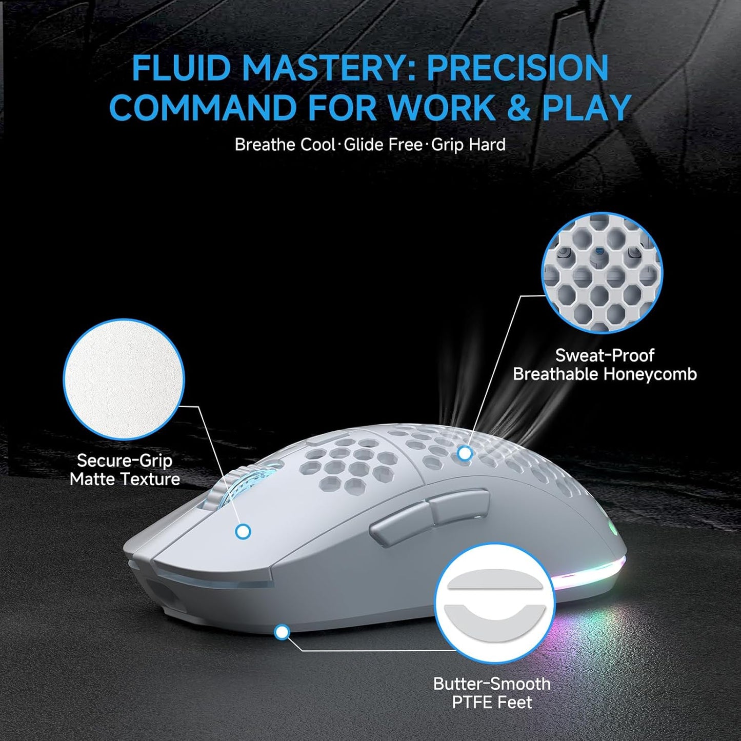 TMKB Falcon M1 Wireless Gaming Mouse, 24000DPI Optical Sensor, 180Hrs Battery, Lightweight, 6 Programmable Buttons, RGB Strip, 2.4G/BT5.2/USB-C Wired for PC/Mac/Laptop - Matte White