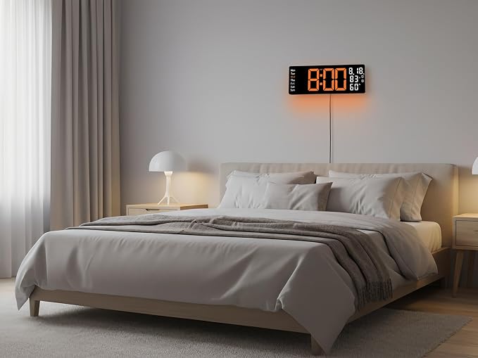 17.5 Inch Orange LED Digital Wall Clock with 8 Ambient Light Colors|Displays Time,Date,Day,Temperature&Humidity,Dual Alarms,Countdown&Stopwatch,DST,10-Level Auto/Manual Brightness|Modern Silent Clock