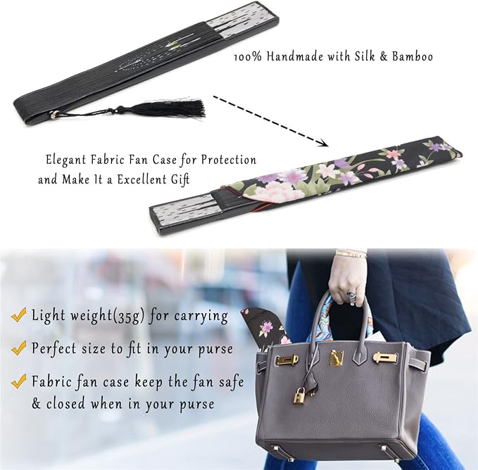 OMyTea "Sexy Cat Folding Hand Held Fan for Women - with a Fabric Sleeve for Protection - Chinese/Japanese Vintage Retro Style for Wedding, Dancing, Church, Party, Gifts (Black)