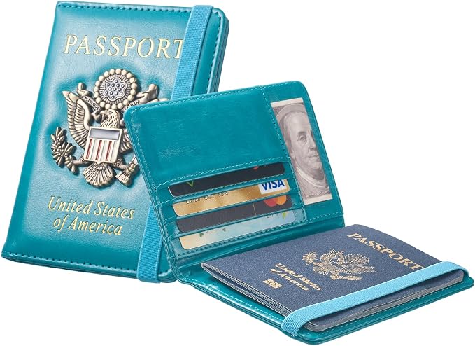 Passport Holder for Travel Men, RFID Blocking Passport Wallet Cover Case, Waterproof Leather Travel Wallet for Men Women, Document Protector for Traveling Accessories-Lake Blue