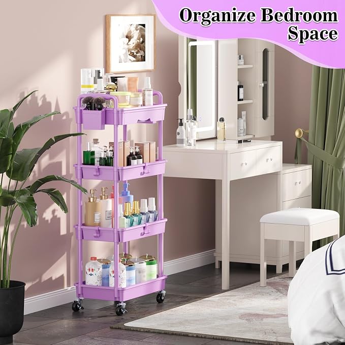 SUNALLY 4 Tier Rolling Cart with Drawer,Craft Storage Cart Organizer,Purple | Bathroom Storage Organizer with 2 Lockable Wheels, Rolling Utility Cart for Kitchen, Office, Baby, Makeup, Nail,Snack,Laundry