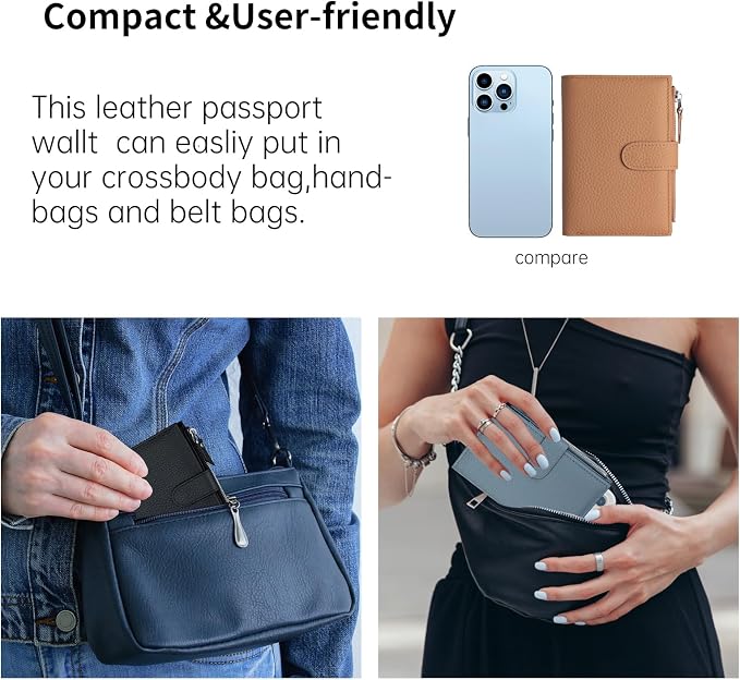 Passport wallet and Card Slot Combo RFID Blocking Leather Travel Passport Wallet for Men and Women with Zippered Coins Pocket Passport holder, Brown