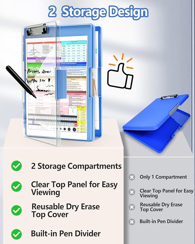 Clearview Clipboard with 2 Storage, Dry Erase 8.5x11 Heavy Duty ClipBoards - High Capacity Coaches Clip Board with Pen Holder - Side Opening Plastic Nursing Clip Case - Aqua Blue