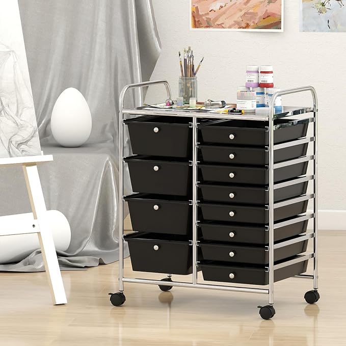 RELAX4LIFE 12-Drawer Rolling Storage Cart - Mobile Utility Drawer Carts with Wheels, Craft Organizers Cart for Classroom Organization and Storage, School, Office, Home