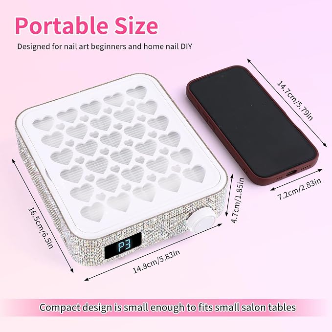 BQAN Portable Nail Dust Collector with 4200RPM Fan White AB Rhinestones | 10pcs Filter Papers Include & Nail Brush | Strong Suction | Adjustable Speed | For Acrylic & Gel | Professional & Home Use