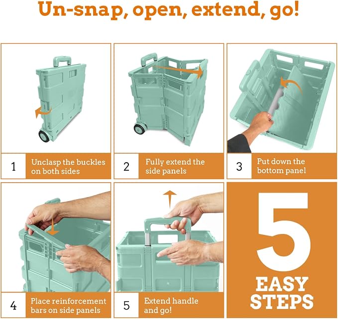 Ultra-Slim Rolling Collapsible Storage Pack-N-Roll Utility-carts, with Telescopic Handle, for Home, Garden, Shopping, Office, School use, Large, Mint
