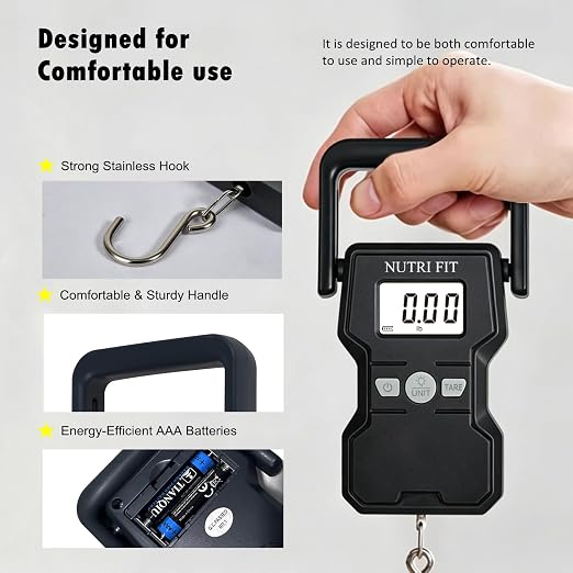 NUTRI FIT Luggage Weight Scale 110lb Hanging Luggage Scale for Suitcase | 0.1lb Precision, Max 110lb, 3.3ft Tape Measure, Backlit Screen, Lock Data, Large Hook, Ergonomic Grip, Portable Fishing Scale