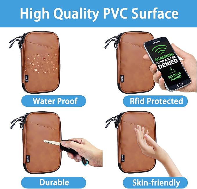 Lagre family passport holder for 4 passport wallet for travel passport cover rfid blocking for women waterproof wallet with zipper airtag passport case for men multiple passport bag (BROWN)