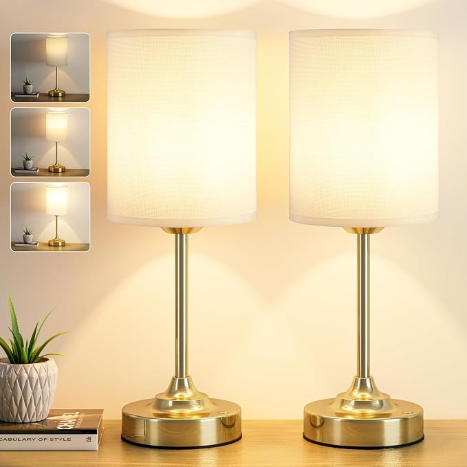 Touch Control Cordlss Table Lamp, USB-C Rechargeable Lamp with Stepless Dimming, 4000mAh Battery Operated Vintage Bedside Lamp for Bedroom, Living Room, Night Light & Emergency Lighting, Brass, 2 Pack