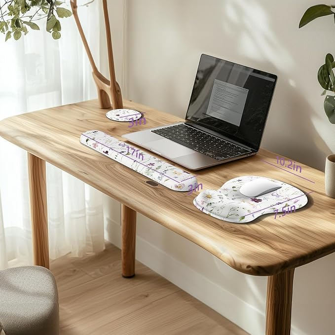 AKITErgonomic Mouse Pad with Wrist Rest for Computer Keyboard, Memory Foam | Cute Flower Keyboard Mouse Pad with Wrist Support Soft, Mousepad Gaming Wrist Pad for Office Work Desk