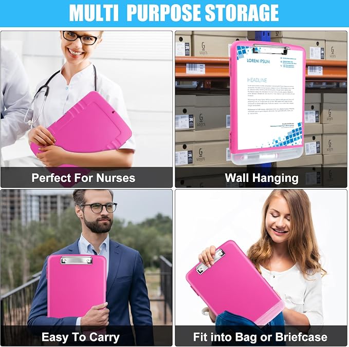 Plastic Clipboard with Storage,A4 Nursing Clipboard Folder with Pen Holder,Cute Clip Boards 8.5x11 Heavy Duty,Side Opening for Office,School,Home Work,Hot Pink