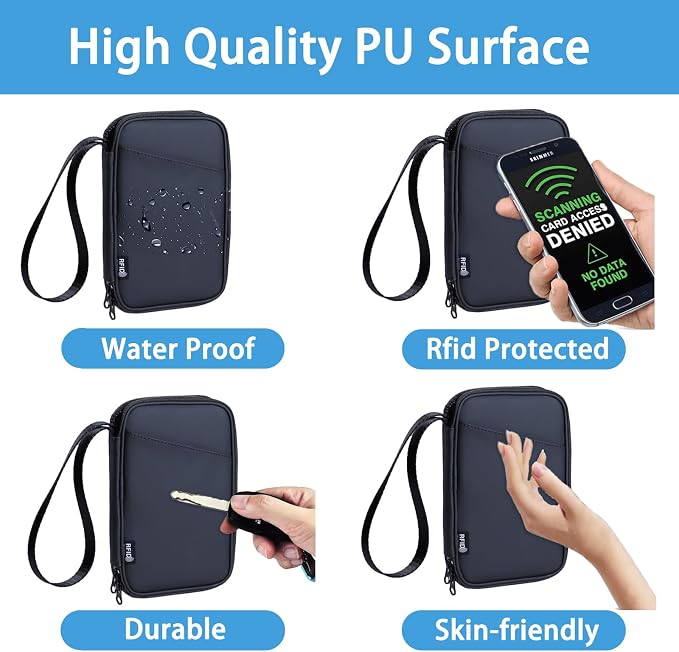 Lagre Family Passport Holder for 4, Solid Black | Multiple Passport Bag, RFID Blocking, Waterproof with Zipper, For Women & Men