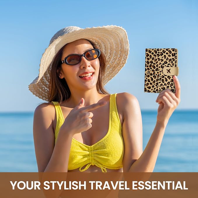 Passport Holder for Travel Essentials, RFID Blocking Leather Cover Wallet with Magnetic Closure, Aesthetic & Cute Passport Book Case for Women and Men - Leopard