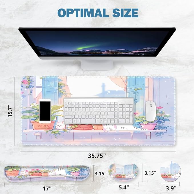 ToLuLu Extended Gaming Mouse Pad, Ergonomic Keyboard Mouse Wrist Rest Set | Large Desk Mat with Stitched Edges, Non-Slip Base Memory Foam Support Mousepad for Home Office and Game, Purple Cute Cat