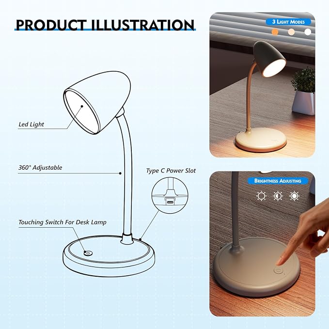 LED Desk Lamp for Home Office,Dimmable Table Lamp 3 Light Colors | Reading Light for Bedside Small Desk Lamp for College Dorm Room,Bedroom Desk Light,Brown