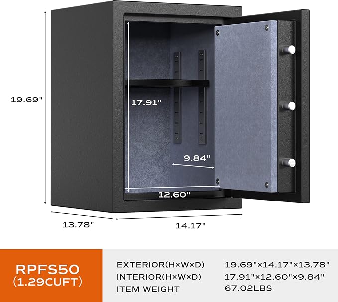 RPNB Deluxe Biometric Fireproof Safe Box,Digital Fingerprint Fireproof Waterproof Safe with Touch Screen,Removable Shelf and 3 Spoke Handle,Home Safes for Cash Documents Jewelry,1.29 Cubic Feet