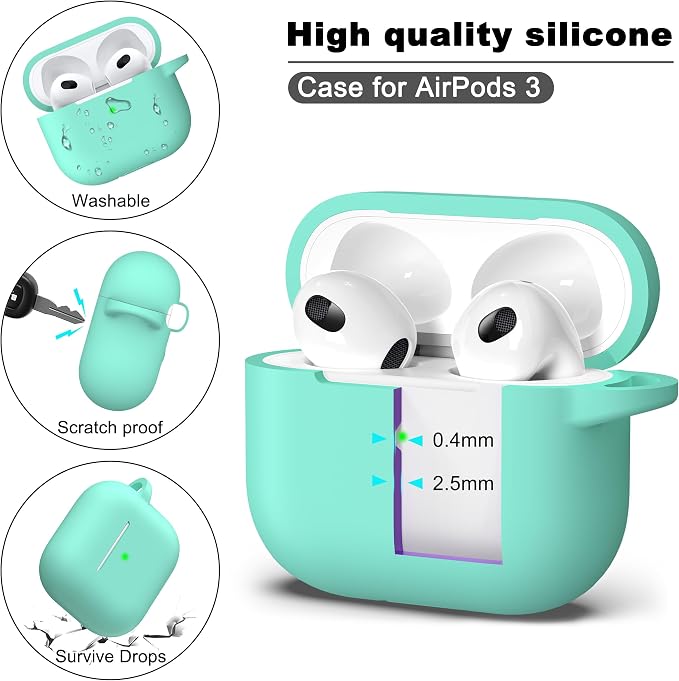 R-fun Compatible with AirPods 3 Case Cover, Silicone Protective Accessories Skin with Keychain Compatible with Apple AirPod 3rd Generation 2021 for Women Men Girls Boys,Front LED Visible,Mint Green